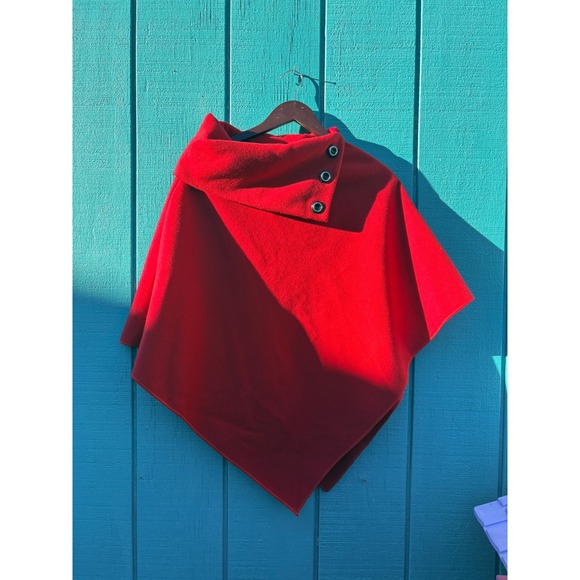 Sweaters - Red Asymmetrical Button‎ Cowl Neck Poncho Wrap Made in France Fleece Cape